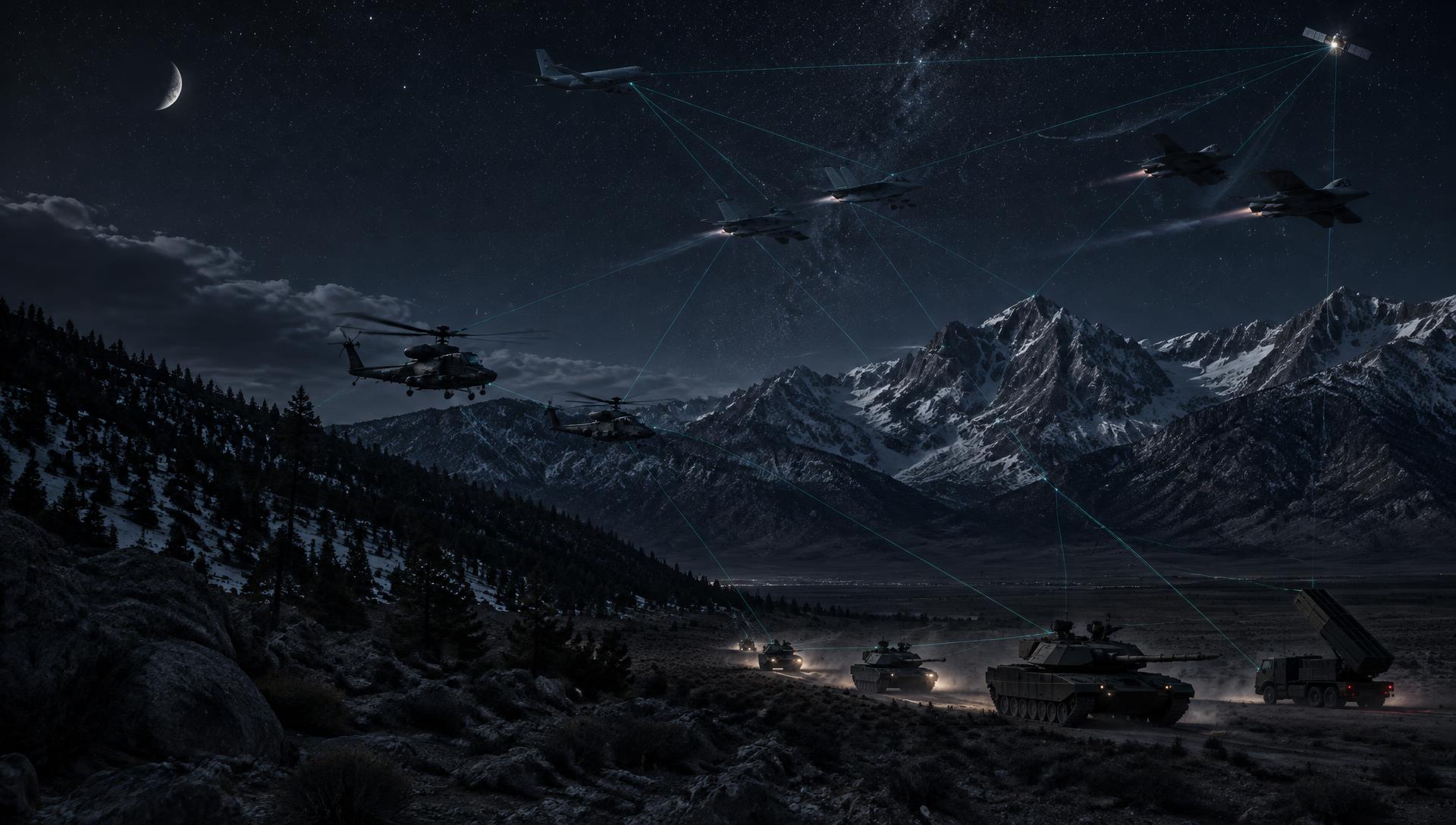 Night over the Sierra Nevada: U.S. Army armor, rocket artillery, and helicopters in the valley, with U.S. Navy and Air Force jets and a satellite linked overhead