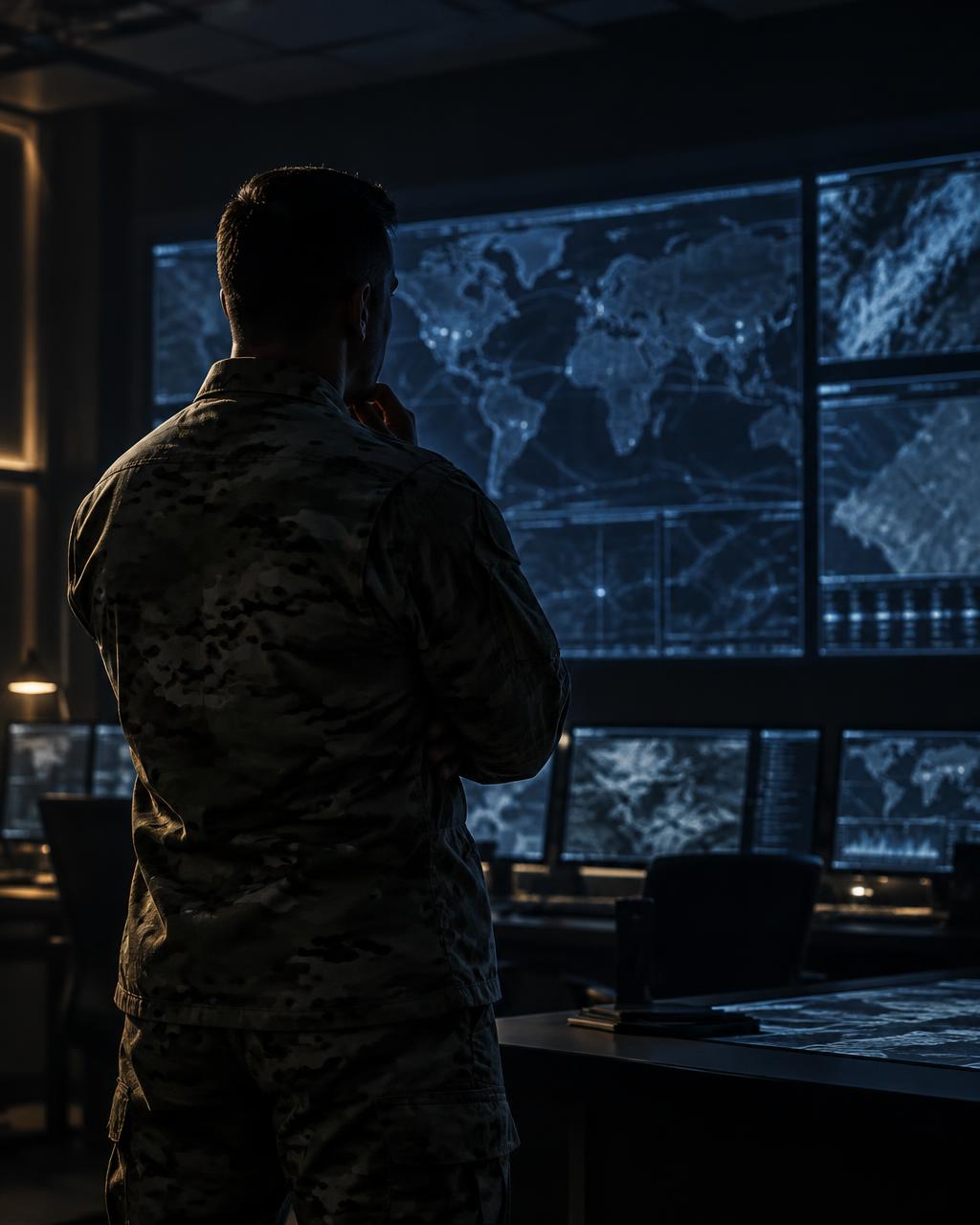A U.S. Army commander standing alone before a wall of glowing map screens in a command post